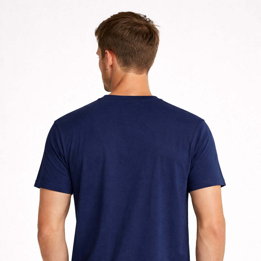 Sauce & Brown navy t-shirt rear view showing back fit on model